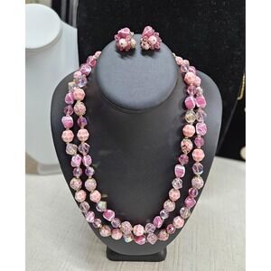 Vintage Vendome Pink Glass Crystal Double Strand Necklace Earrings Set Gold Tone